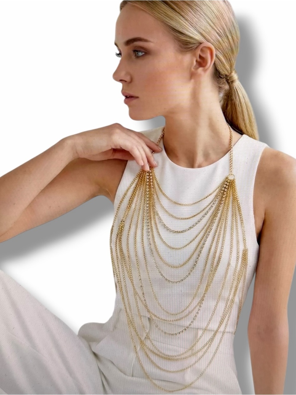 Gold Rhinestone Multi-Layer Body Chain Necklace NWT